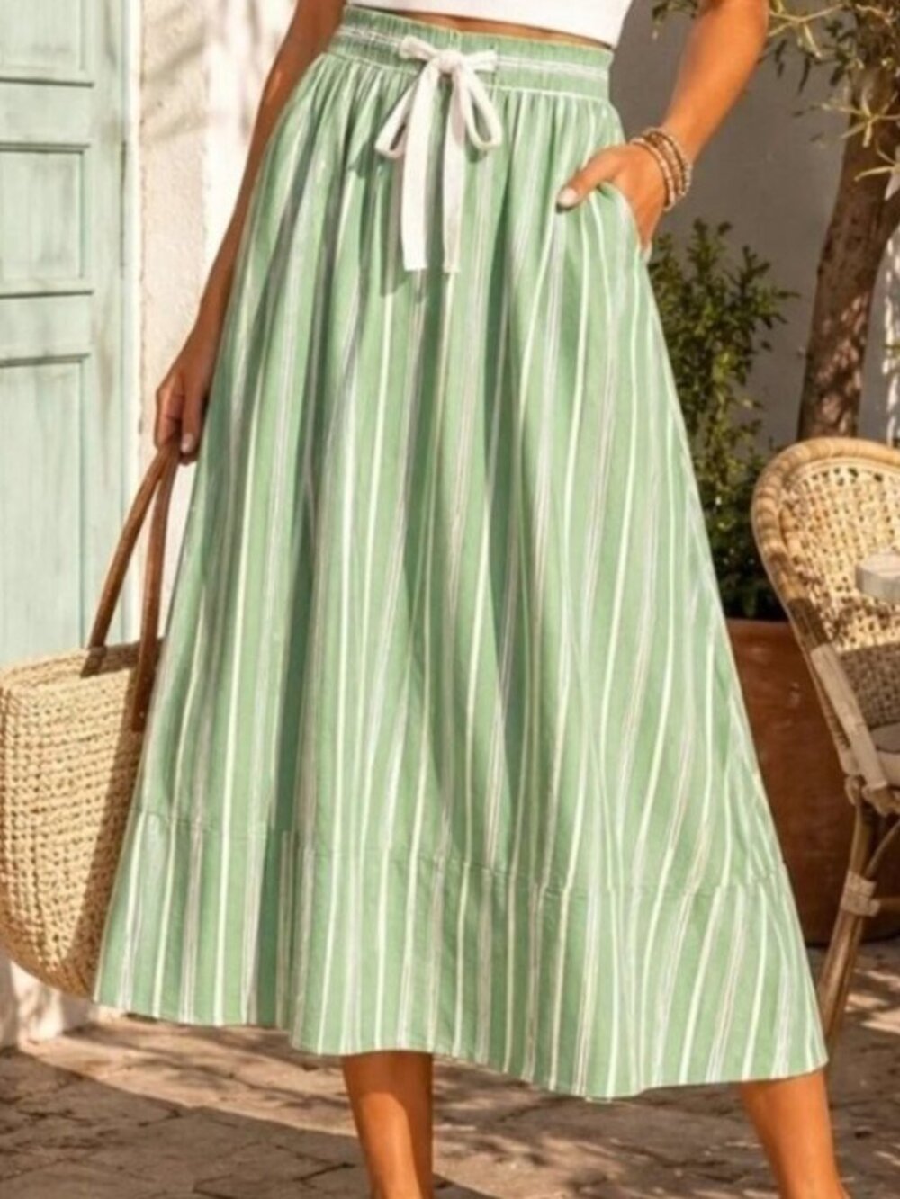 NEW! Talbots 🍏Green Striped Midi Skirt with White Drawstring